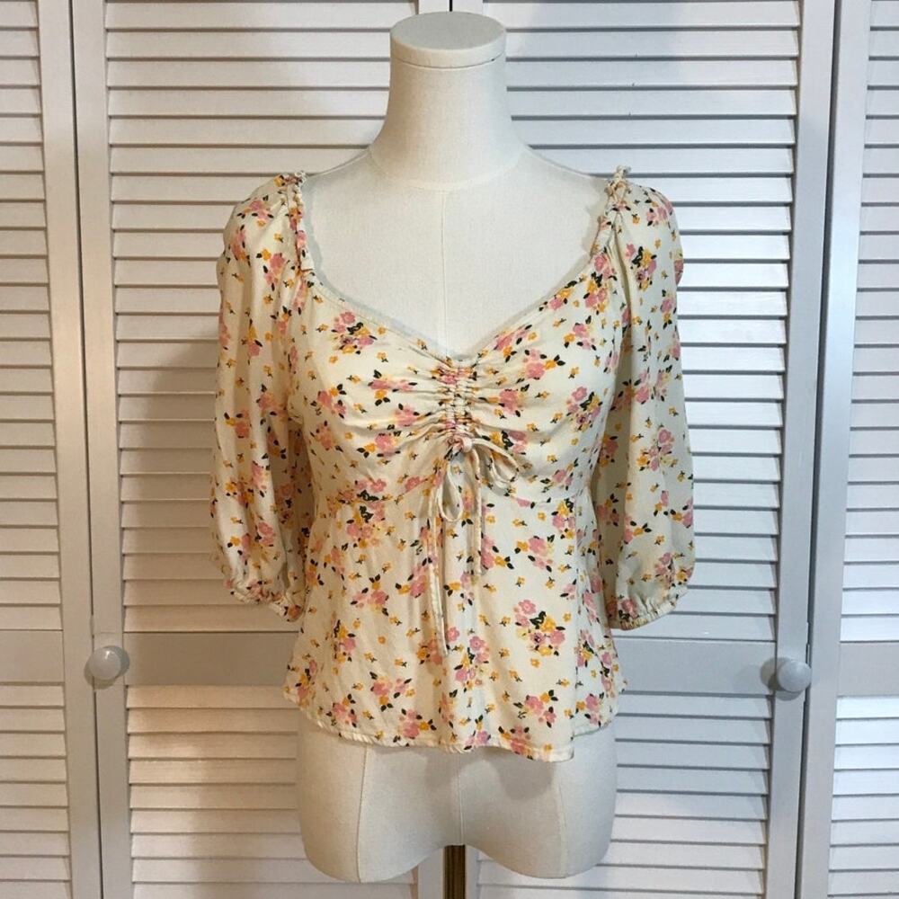 No Boundaries Cottagecore Floral Puff Sleeve Peasant Blouse Juniors L